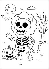 Coloring page halloween, Lion in skeleton costume dances near a haunted house.
