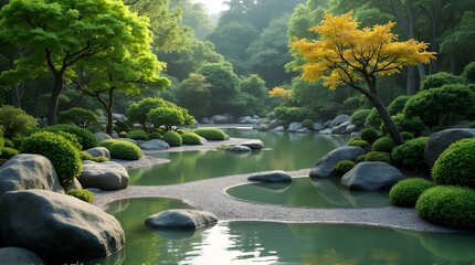 garden with pond and trees