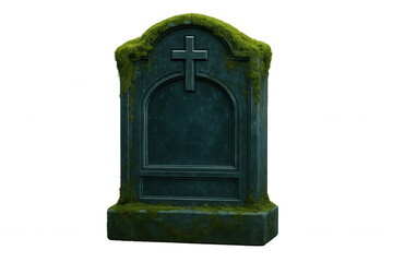 Weathered mossy gravestone bearing stone cross, symbolizing mortality, remembrance, historical heritage against neutral backdrop