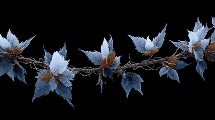 Stylized vine with icy blue leaves & golden accents against a black background