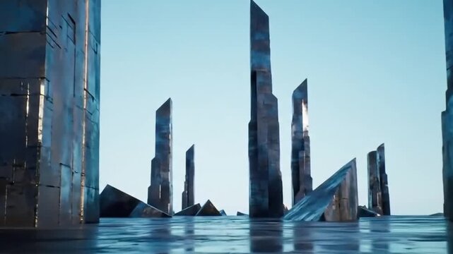 Abstract Architectural Panorama: A series of towering, geometric structures rise majestically under a serene, clear sky.