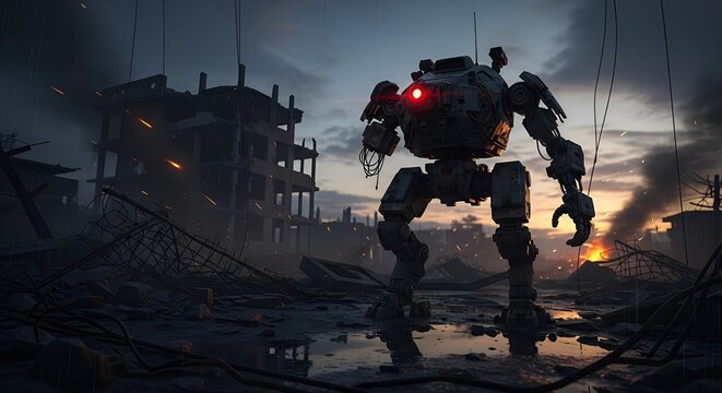 Giant Robot in Post Apocalyptic Ruined City Landscape