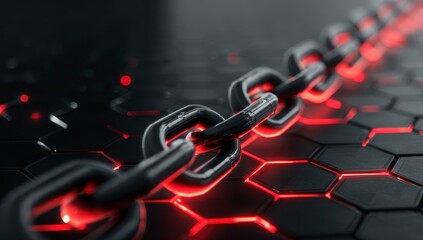 Metal chain links on a glowing hexagonal grid