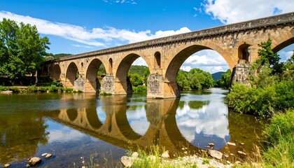 Fototapeta premium Stone arch bridge over a river, reflecting the sky
