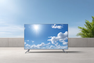 Fototapeta premium modern turnedoff television displays augmented reality weather forecast for sunny park strolls