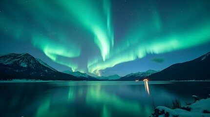 Green aurora at the lake and mountains