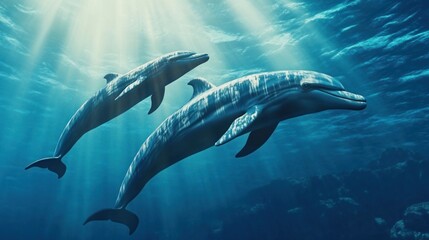 Fototapeta premium Two dolphins swim in sunlit ocean depths
