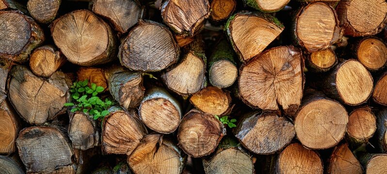 The stacked logs showcasing a natural wooden texture and vibrant greenery.