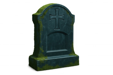 Ancient mossy gravestone with carved cross, isolated on transparent background, creating a spooky and melancholic atmosphere