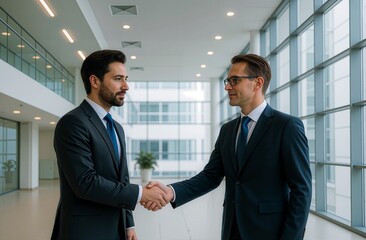 Two businessmen shake hands in modern office, show partnership, trust, and professional agreement