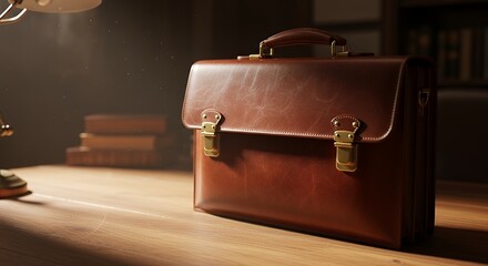 Classic Brown Leather Briefcase with Brass Hardware on Wooden Desk in Professional Office Setting