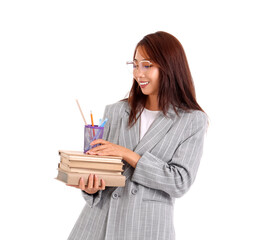 Female Literature teacher with pen cup and books on white background
