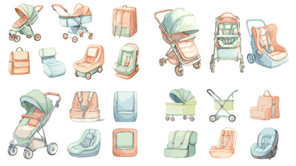 Soft pastel watercolor illustration set of baby strollers, prams, car seats, and travel bags for infant and toddler care essentials.
