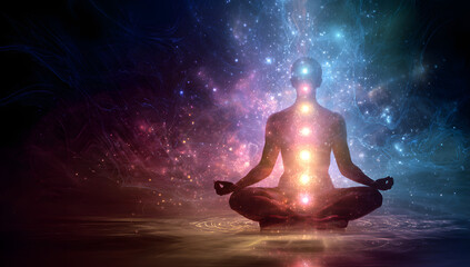 A person meditating in a yoga pose, with seven glowing chakra points on their body. Surrounded by vibrant energy patterns the background represents the vast universe, energy, and tranquility.