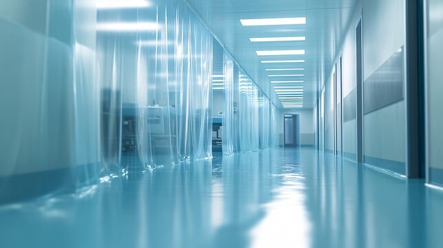 Empty modern blue corridor in a hospital or research laboratory with sterile cleanroom plastic curtains and bright overhead lights