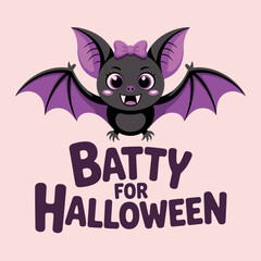 Batty for Halloween design, smiling kawaii bat with pink bow, spread wings, cute spooky theme, childrens merchandise, sticker label, social media graphic