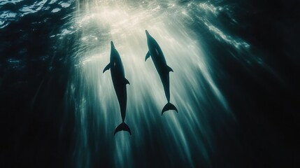 Two dolphins swim in sunlit deep sea