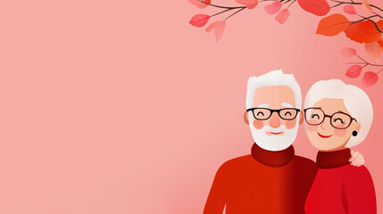 Happy senior couple embracing under autumn leaves on pink background with copy space