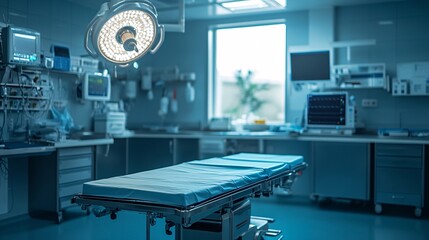 State-of-the-art operating room in a modern hospital with an empty surgical table and advanced medical technology