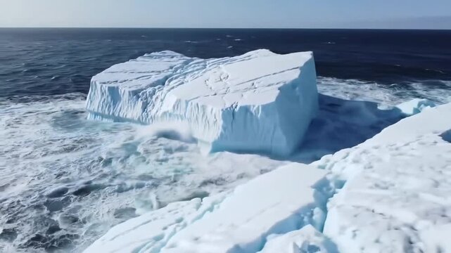 Giant Iceberg Amidst Ocean: A massive, towering iceberg floats majestically in a turbulent ocean, its icy surface sculpted by the elements and crashing waves, a raw display of nature's power.