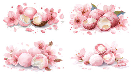 Watercolor illustration set of fresh lychee fruits with blossoms, leaves, and peeled halves in soft pink artistic style. Perfect for food, tropical, and botanical themes.