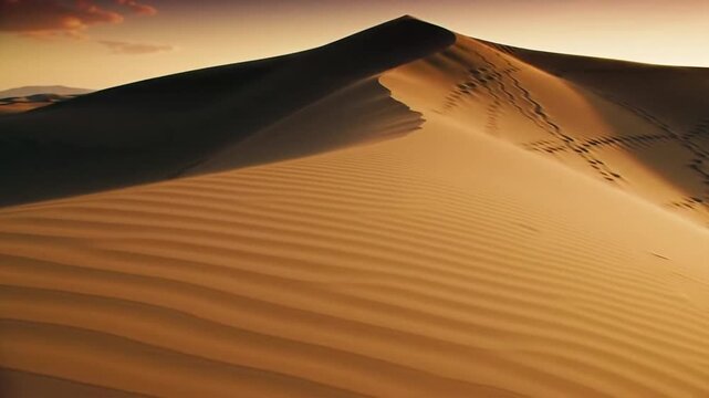 Desert Majesty: Majestic dunes in desert under the warm embrace of sunrise, a scene evokes a sense of vastness, solitude, and timeless beauty.