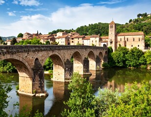 Fototapeta premium Stone bridge over a river, village nestled in the hills