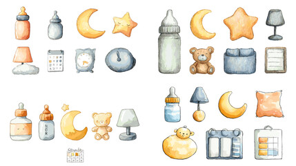 Watercolor baby essentials illustration set with bottles, lamps, moons, stars, teddy bear, pillows, and nursery accessories in soft tones.