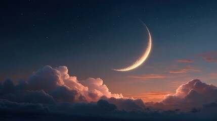 Crescent moon over twilight clouds