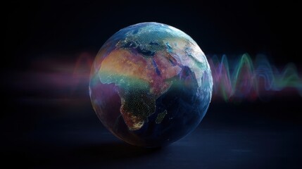 The globe illuminated by colorful waves in a digital abstract representation.