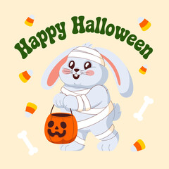 Happy Halloween mummy bunny smiling with pumpkin pail, cute pastel background, children holiday illustration, poster sticker vector