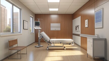 Interior of a modern and sterile hospital room featuring an empty bed, advanced monitoring equipment, and ample natural light