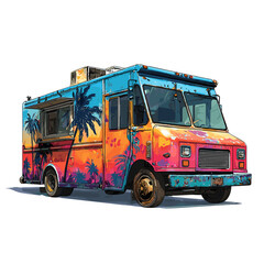 Colorful Food Truck Illustration with Palm Tree Design