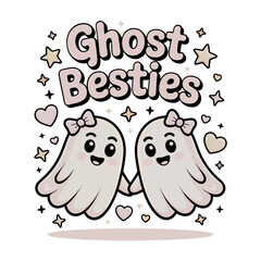 Ghost besties cute ghost friends with stars and hearts, friendly Halloween typography badge, kids sticker, t shirt, poster vector