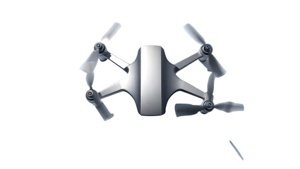 Aerial view of a silver drone with rotating propellers against a black background in studio lighting