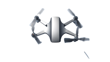 Aerial view of a silver drone with rotating propellers against a black background in studio lighting