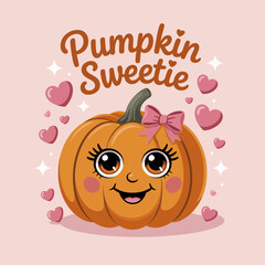 Pumpkin sweetie adorable jack o lantern girl with bow and hearts, cute Halloween illustration for kids shirt, sticker, poster vector
