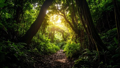 Obraz premium Walking Path Through Lush Tropical Forest with Sunlight