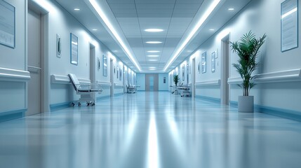 Low angle perspective of a sterile blue hospital corridor with a shiny floor, symbolizing the future of modern healthcare and medical technology