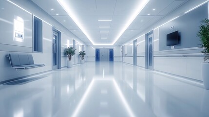 Fototapeta premium Low angle perspective of a sterile blue hospital corridor with a shiny floor, symbolizing the future of modern healthcare and medical technology