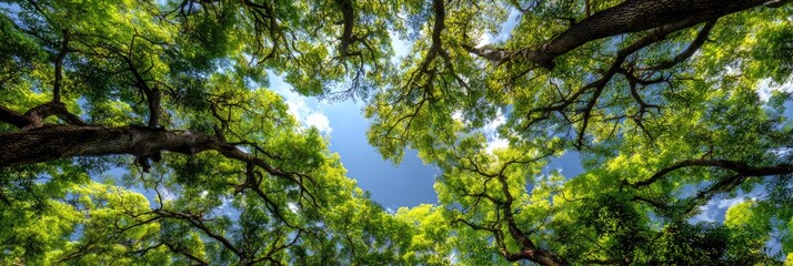 Obraz premium Lush green canopy of trees reaching toward a partly cloudy sky