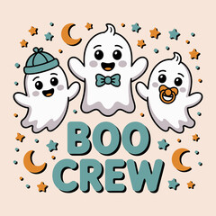 Boo crew ghost group vector, three friendly spirits with hats, Halloween typography, cartoon sticker set, kids party poster, social media graphic