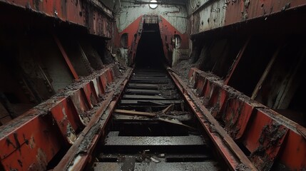 Rusty, decaying interior of an abandoned ship.  Dark,  crumbling metal framework