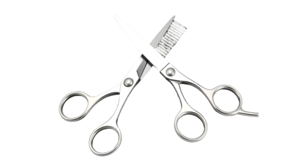 Two silver hair thinning shears crossed on a black background with shiny metal and round finger holes