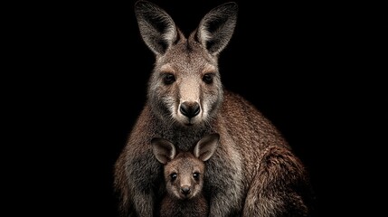 Fototapeta premium A kangaroo and joey, captured against a stark black backdrop, gaze directly at the viewer. The pair is in sharp focus