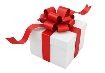Isolated Elegant White Gift Box with a Voluminous Red Ribbon Bow