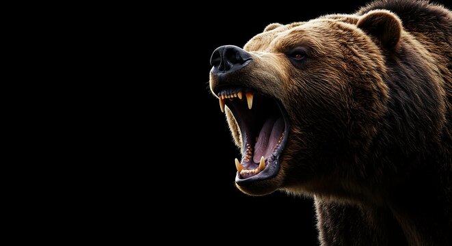 Powerful grizzly bear roaring fiercely, mouth wide open, displaying sharp teeth, a vivid close-up capturing its aggressive and untamed nature against a dramatic, dark background. - Powered by Adobe