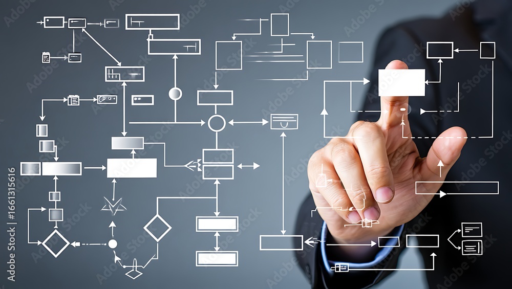 Fototapete a business professional s hand touches a glowing digital flowchart on a dark background symbolizing 