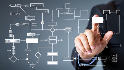 A business professional s hand touches a glowing digital flowchart on a dark background symbolizing data analysis process optimization and technological innovation in modern business operations