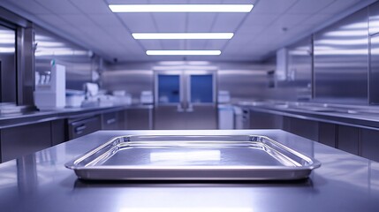 Fototapeta premium Empty Metal Tray on a Steel Counter in a Modern Kitchen